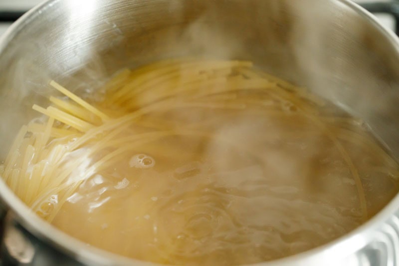 Pasta cooking in boiling water.