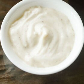 Aioli in a white bowl.