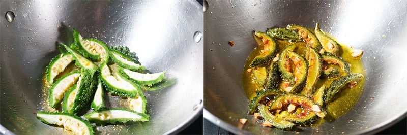 Collage of sliced bitter gourd frying in oil.