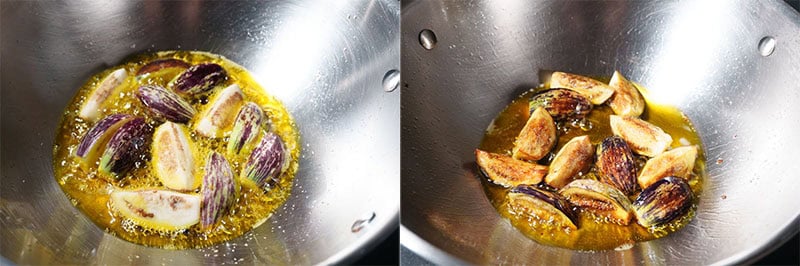 Collage of frying the brinjal in hot oil.