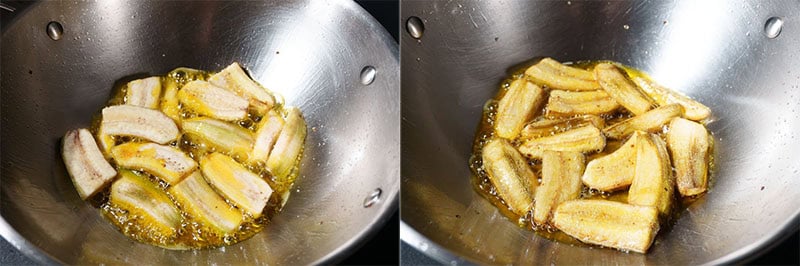 Collage of plantains frying in hot oil.