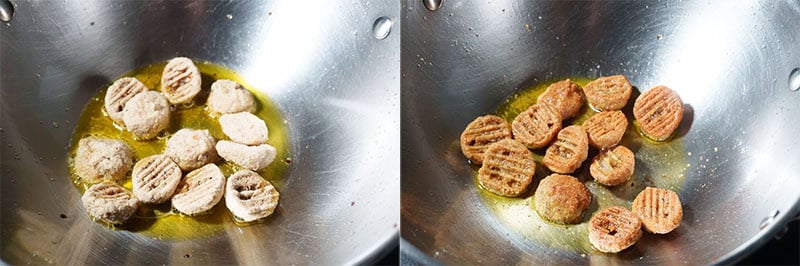 Collage of frying urad bori in oil.