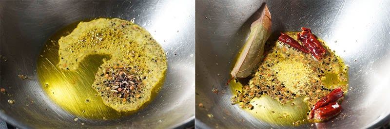 Collage of panch phoron, followed by tejpatta, dried red chilies and hing frying in mustard oil.
