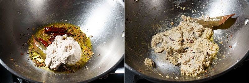 Collage of adding the mustard-poppy seed paste and mixing it with the tempered spices.