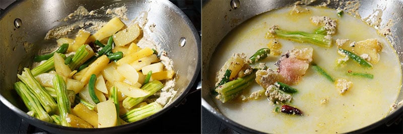 Collage of adding the sautéed vegetables, followed by water and salt.