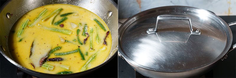 Collage of mixing the vegetables and gravy, followed by covering the pan.