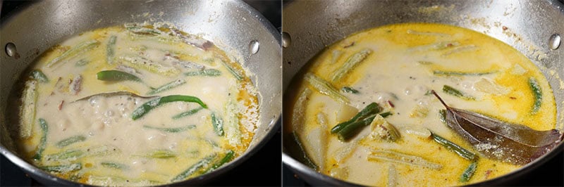Collage of simmering the gravy and the cooked gravy with a light layer of oil on top.
