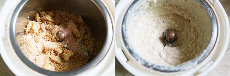 Collage of grinding mustard seeds into paste.