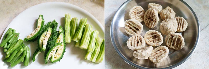 Collage of cut bitter gourd, French beans, drumsticks in a plate and Bengali bori in a second plate.