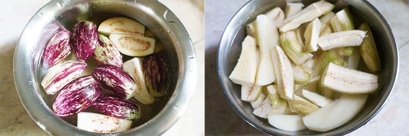 Collage of cut brinjals and raw plantains soaked separately in water.