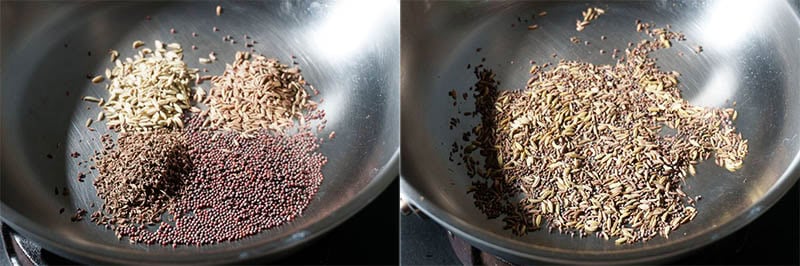 Collage of dry roasting the whole spices in a pan.