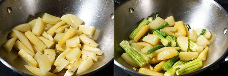 Collage of sautéing the potato and sweet potato, followed by the French beans and drumsticks.