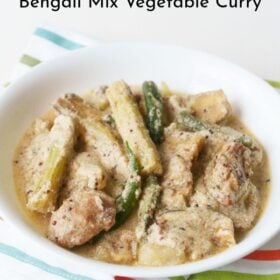 Bengali shukto in a bowl with text layovers.