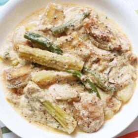 Creamy vegetable shukto.